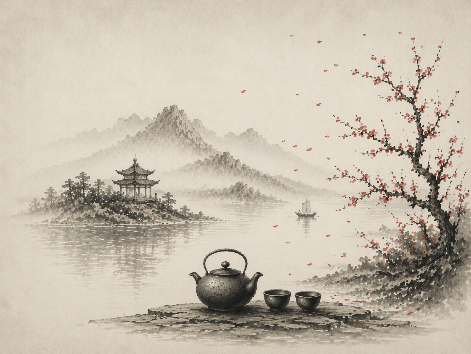 Ink wash contact artwork with teapot, cups, lake, pavilion, mountains, and blossom tree