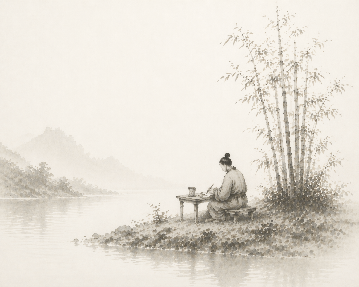 Ink wash philosophy artwork with scholar, bamboo, and water